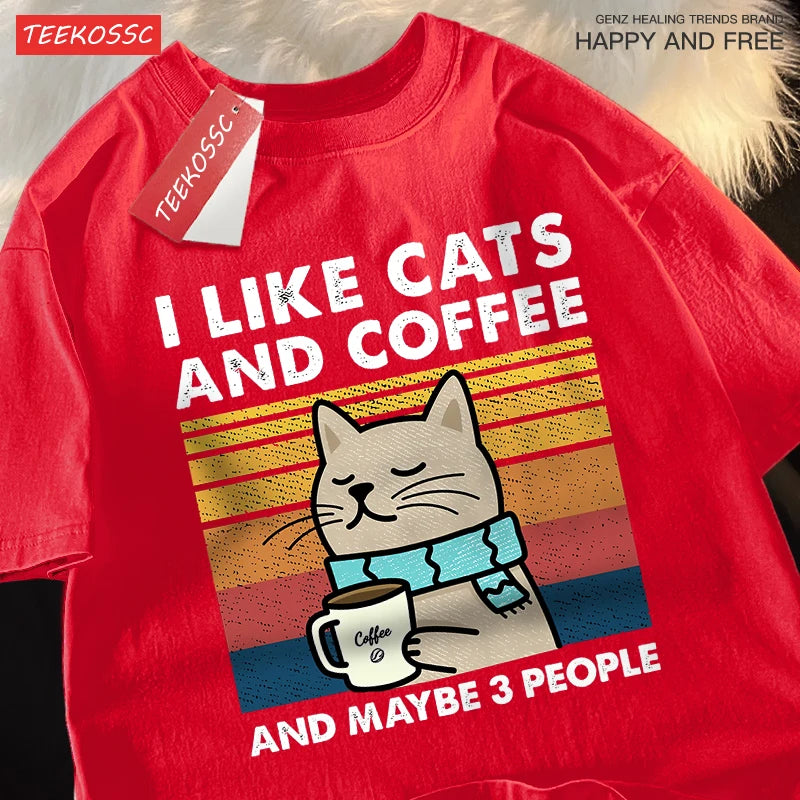 I Like Cats and Coffee Unisex Crewneck Cotton Streetwear T-shirt