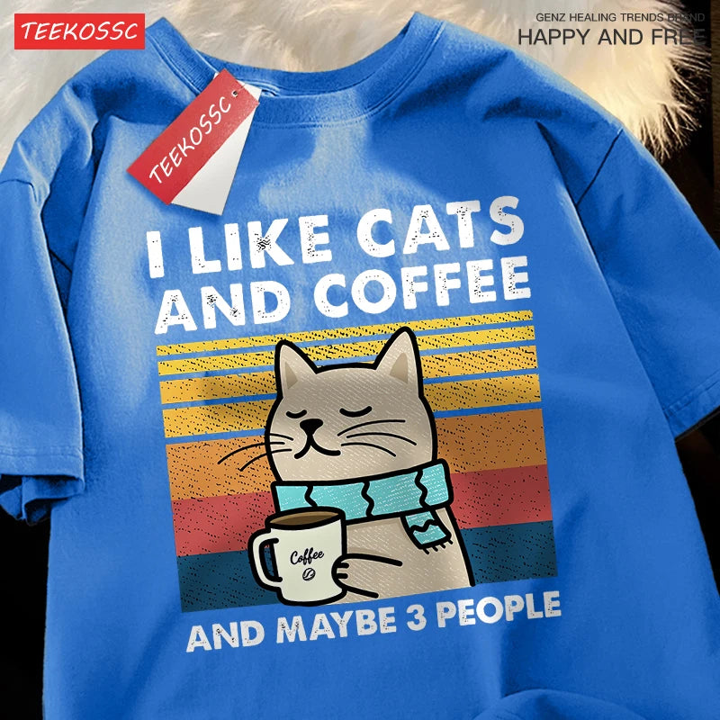 I Like Cats and Coffee Unisex Crewneck Cotton Streetwear T-shirt