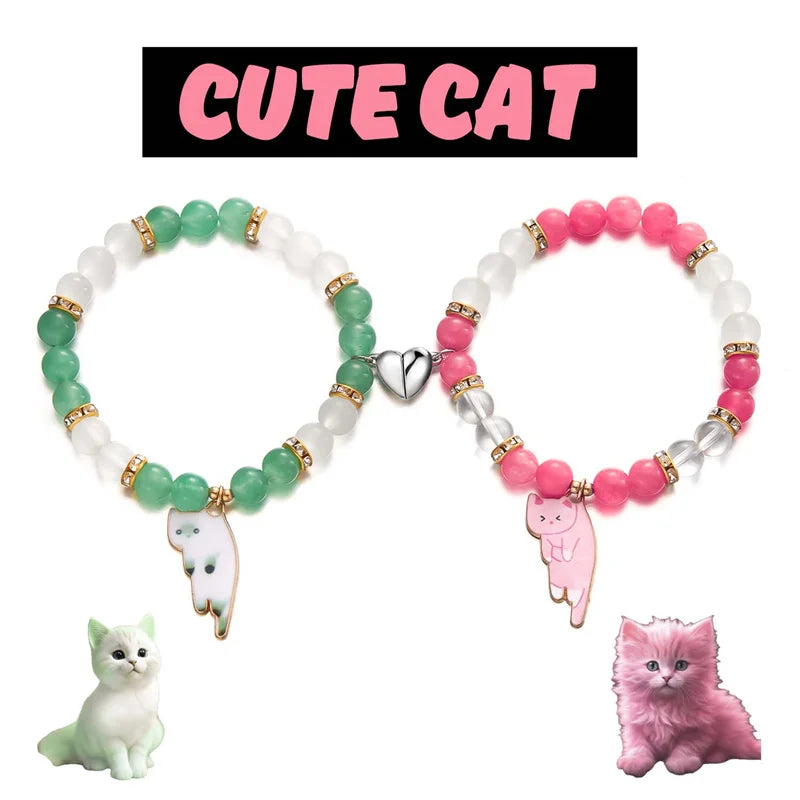 Magnetic Cat Pendant Matching Bracelets