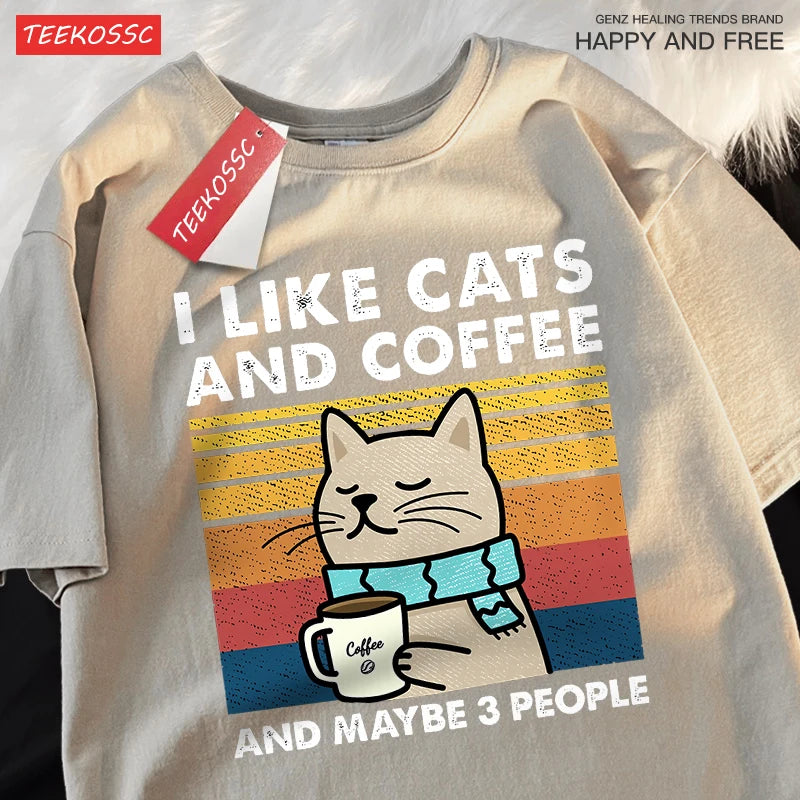 I Like Cats and Coffee Unisex Crewneck Cotton Streetwear T-shirt