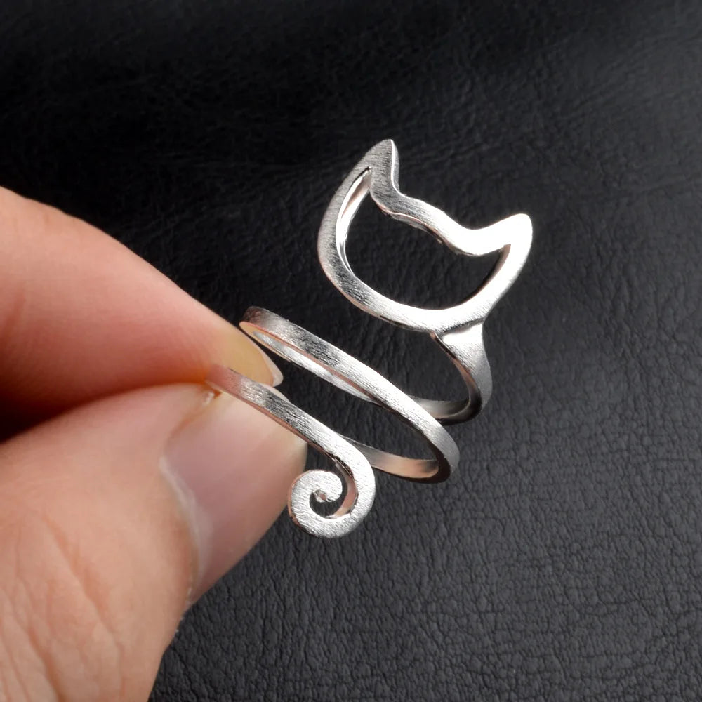 Foxanry Creative Silver Winding Cat Rings