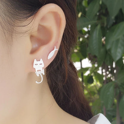 925 Sterling Silver Cat Fish Stud Earrings