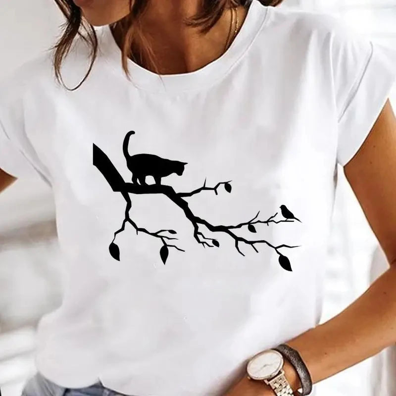 Black Cat Print Oversized White T-Shirt