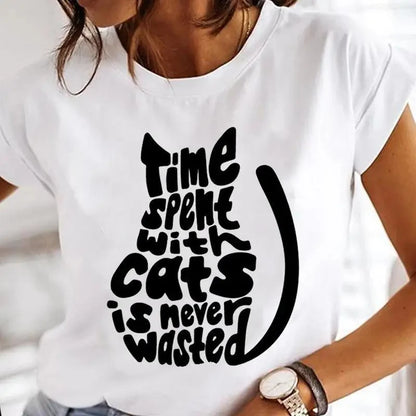 Black Cat Print Oversized White T-Shirt