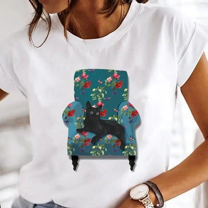 Black Cat Print Oversized White T-Shirt