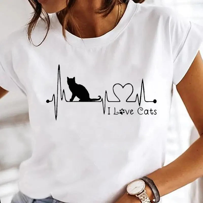 Black Cat Print Oversized White T-Shirt