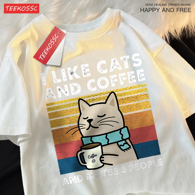 I Like Cats and Coffee Unisex Crewneck Cotton Streetwear T-shirt