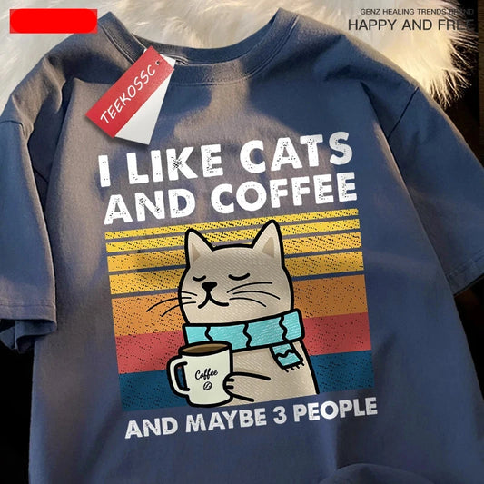 I Like Cats and Coffee Unisex Crewneck Cotton Streetwear T-shirt