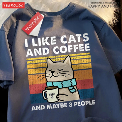 I Like Cats and Coffee Unisex Crewneck Cotton Streetwear T-shirt