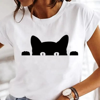 Black Cat Print Oversized White T-Shirt