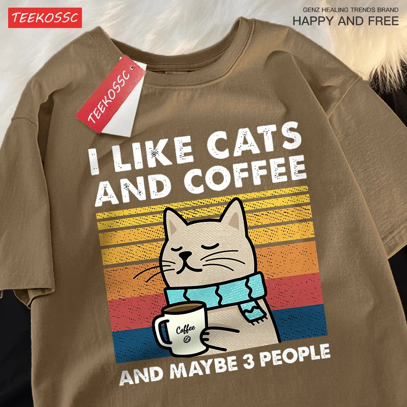 I Like Cats and Coffee Unisex Crewneck Cotton Streetwear T-shirt