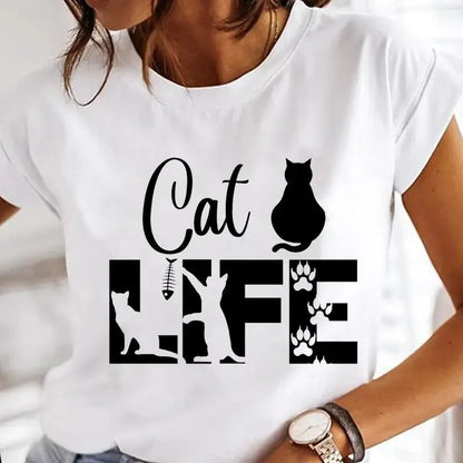 Black Cat Print Oversized White T-Shirt