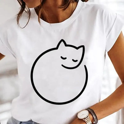 Black Cat Print Oversized White T-Shirt