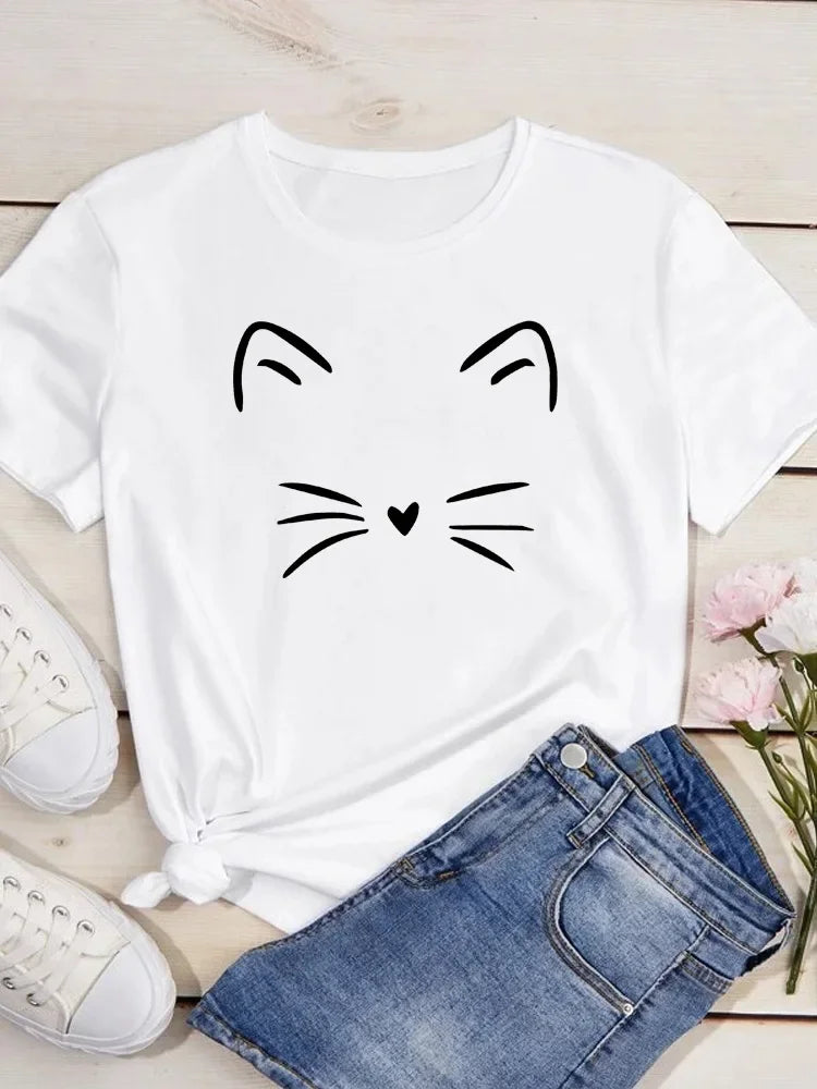 Cute Love Heart Cat Print Casual Summer T-Shirt