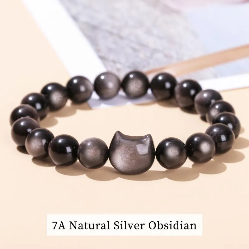 Natural Gold Silver Obsidian Bead Cat Head Bracelet