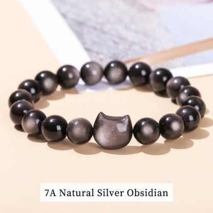 Natural Gold Silver Obsidian Bead Cat Head Bracelet