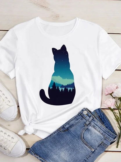 Cute Love Heart Cat Print Casual Summer T-Shirt