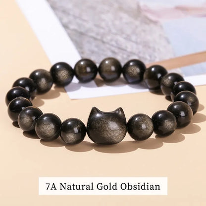 Natural Gold Silver Obsidian Bead Cat Head Bracelet