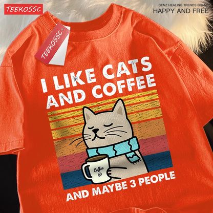 I Like Cats and Coffee Unisex Crewneck Cotton Streetwear T-shirt
