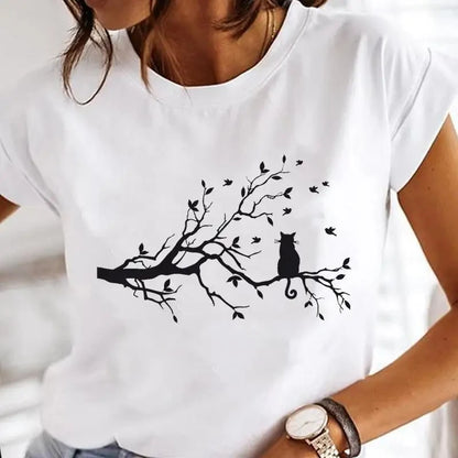 Black Cat Print Oversized White T-Shirt