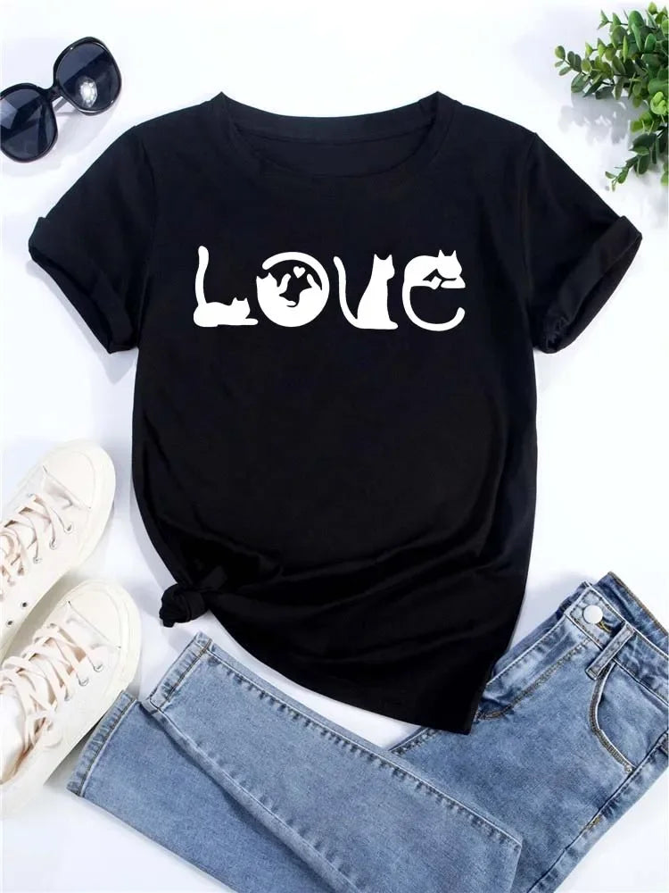 Cute Love Heart Cat Print Casual Summer T-Shirt