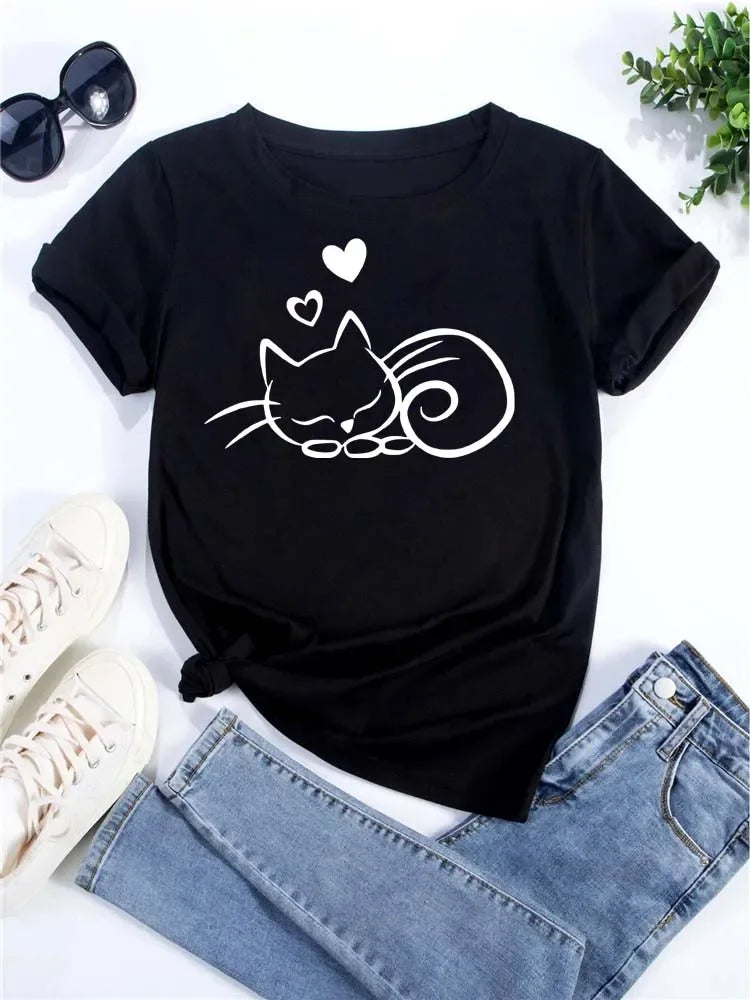 Cute Love Heart Cat Print Casual Summer T-Shirt