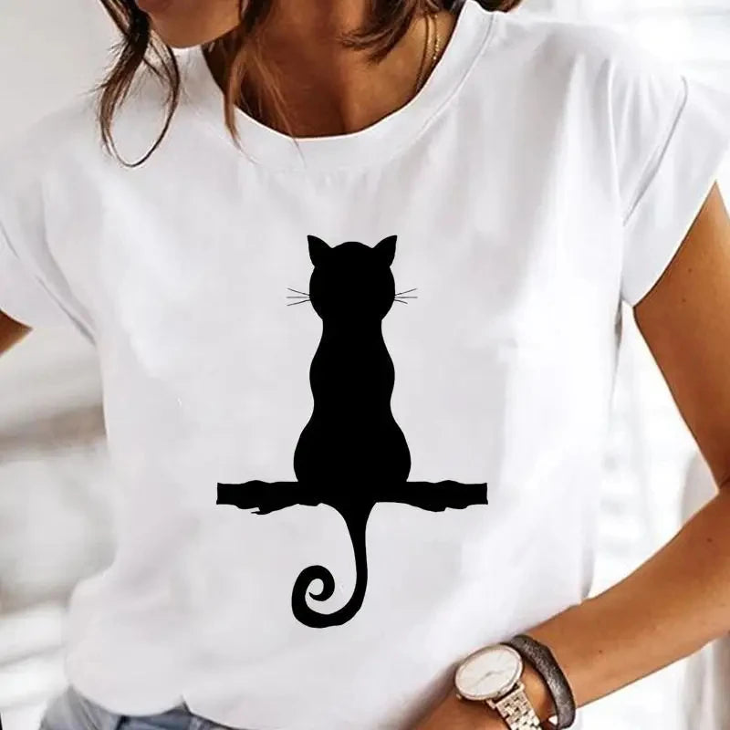 Black Cat Print Oversized White T-Shirt