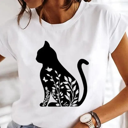 Black Cat Print Oversized White T-Shirt