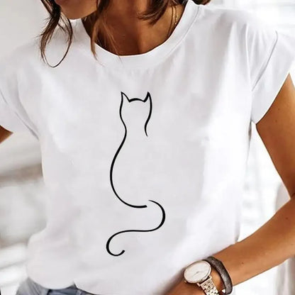 Black Cat Print Oversized White T-Shirt