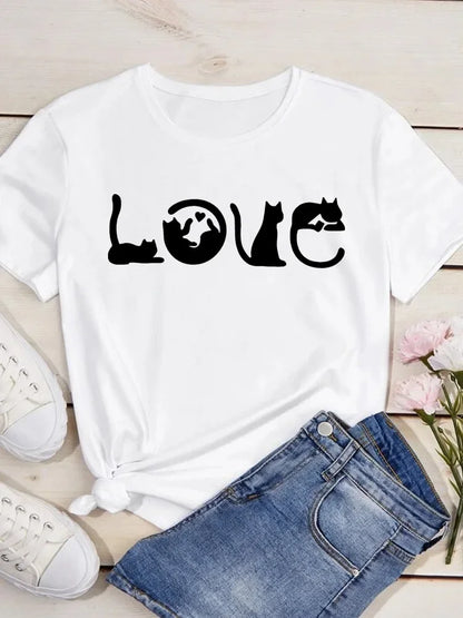 Cute Love Heart Cat Print Casual Summer T-Shirt