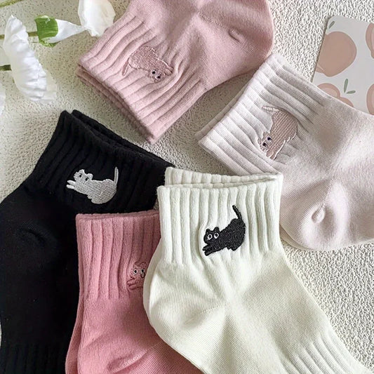 Cute Cat Embroidery Kawaii Short Socks