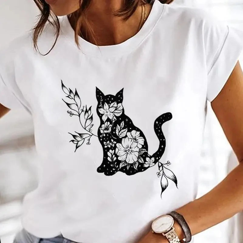 Black Cat Print Oversized White T-Shirt