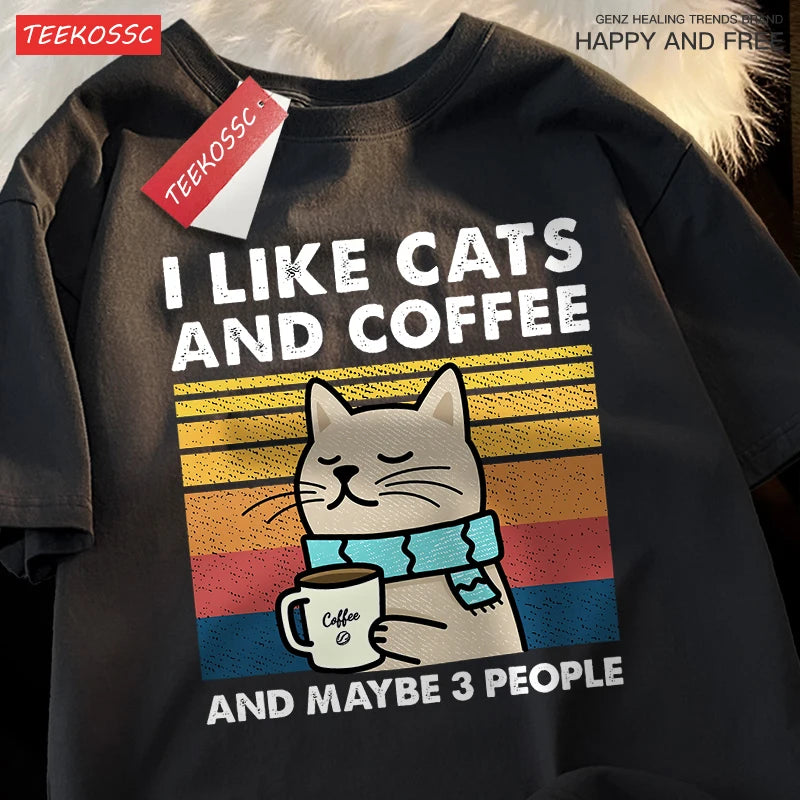 I Like Cats and Coffee Unisex Crewneck Cotton Streetwear T-shirt