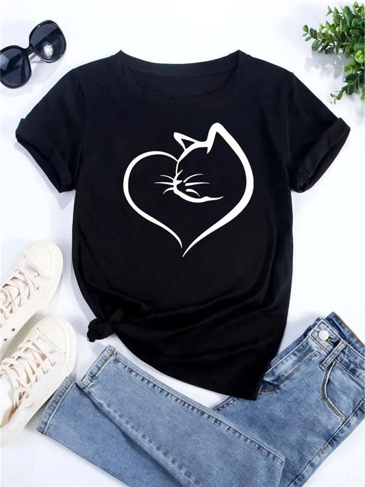 Cute Love Heart Cat Print Casual Summer T-Shirt