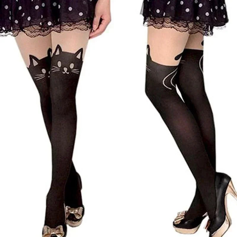 Cat Pattern Thigh-High Socks