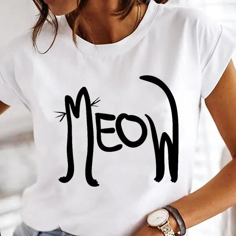 Black Cat Print Oversized White T-Shirt