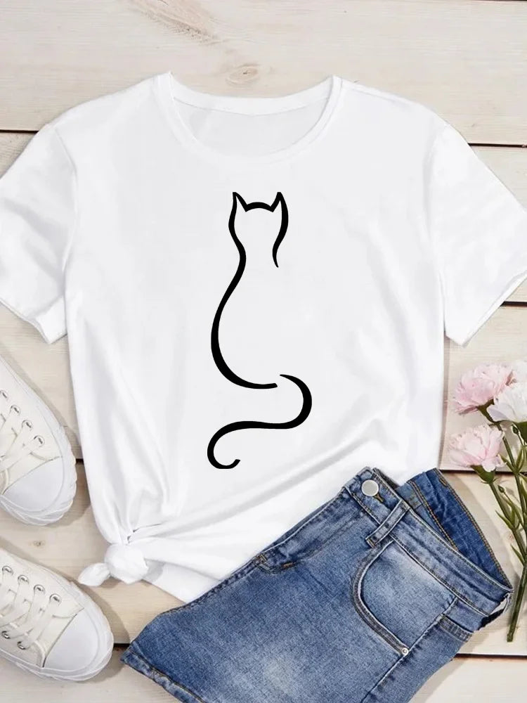 Cute Love Heart Cat Print Casual Summer T-Shirt