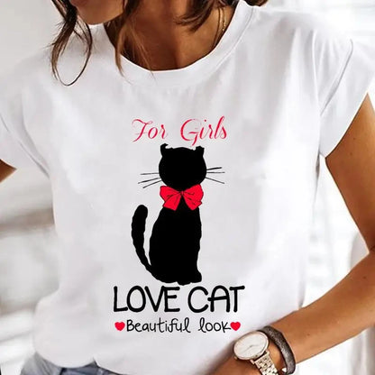 Black Cat Print Oversized White T-Shirt