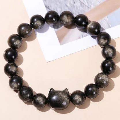 Natural Gold Silver Obsidian Bead Cat Head Bracelet