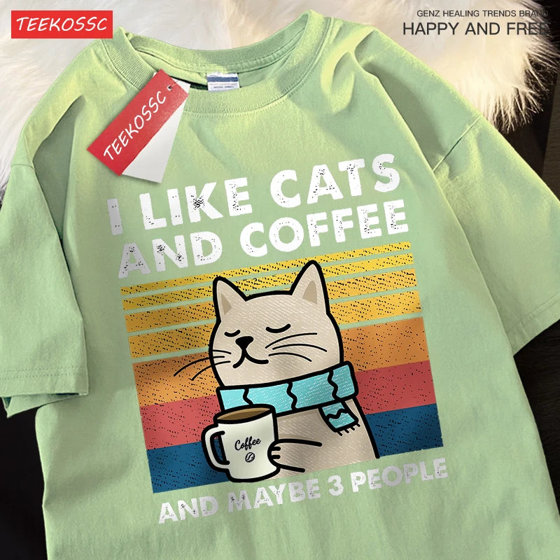 I Like Cats and Coffee Unisex Crewneck Cotton Streetwear T-shirt