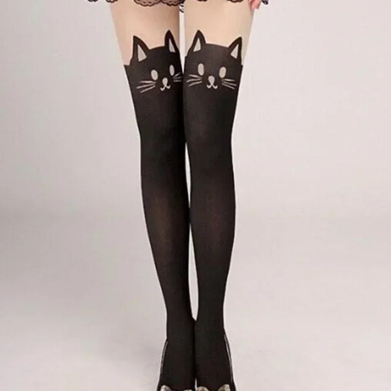 Cat Pattern Thigh-High Socks