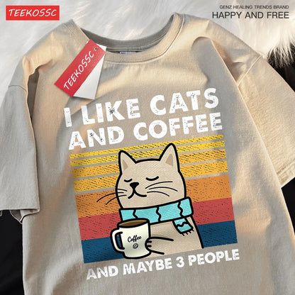 I Like Cats and Coffee Unisex Crewneck Cotton Streetwear T-shirt