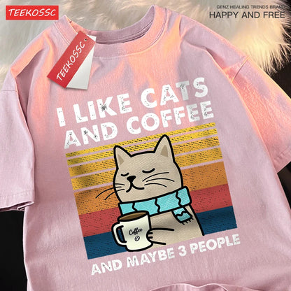 I Like Cats and Coffee Unisex Crewneck Cotton Streetwear T-shirt