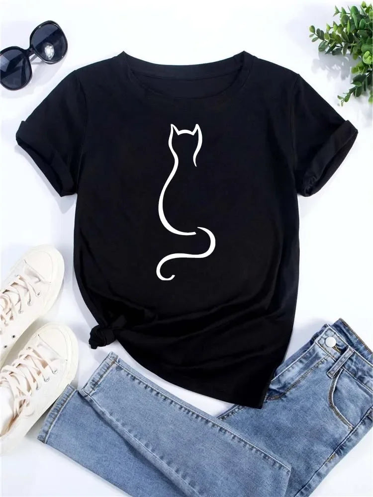 Cute Love Heart Cat Print Casual Summer T-Shirt