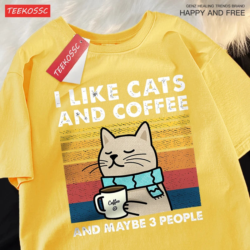 I Like Cats and Coffee Unisex Crewneck Cotton Streetwear T-shirt