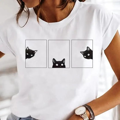 Black Cat Print Oversized White T-Shirt